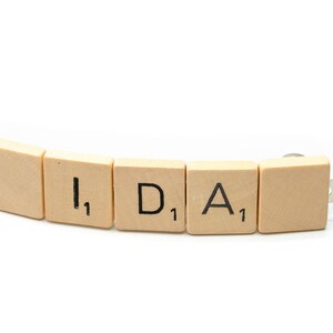 May include: Wooden letter tiles spelling out the word "IDEA" on a white background.