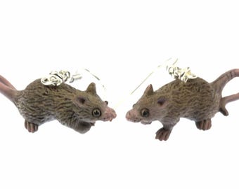 May include: A pair of novelty earrings depicting small, detailed rat figures. The rats are brown with pink noses and tails, and have silver ear wires. The earrings are set against a white background.