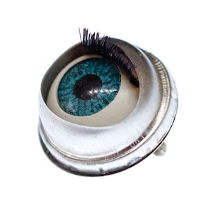 May include: A blue glass eye with a black pupil and eyelashes, set in a silver metal casing.