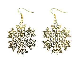 Snowflakesn Earrings Ice Flower Christmas Xmas Golden Filigree 5