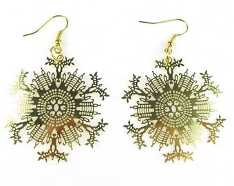 Snowflakesn Earrings Ice Flower Christmas Xmas Golden Filigree 3