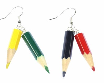 Crayons Earrings Coloured Pencil Painting School Miniblings Wood UPCycling Kids
