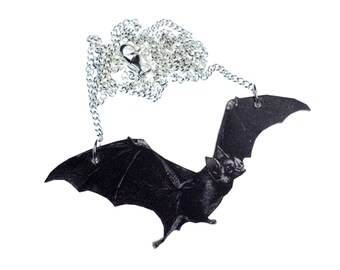 Ciondolo Pipistrello In Acrilico Nero Su Collana Con Catena In Acciaio Chirurgico 316L, Fatto A Mano Nel Regno Unito - Foto 1