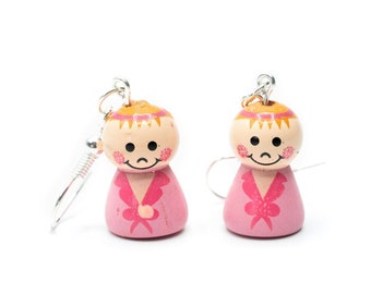 Babymeisje Gelukspoppetje Oorbellen Miniblings Hanger Geboortepop Hout Roze