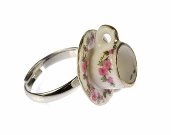 Pierścień z filiżanką do kawy, mini pierścień, pierścień z filiżanką, różowy pierścień z filiżanką do kawy