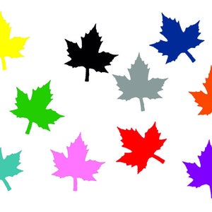Op de afbeelding: Tien esdoornblaadvormen in verschillende kleuren: geel, zwart, grijs, groen, turquoise, roze, rood, oranje, paars en blauw.