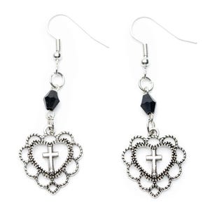 Heart with cross earrings Miniblings pendant crosses black pearl gothic silver