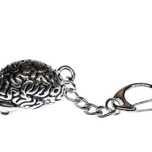 May include: A silver keychain shaped like a human brain with a silver chain and a silver ring.