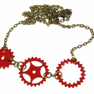 Enamel Gear Sprocket Necklace 3 Red Steampunk Enamelled 60Cm