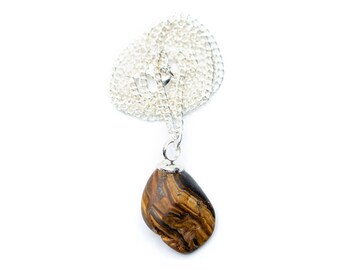 May include: A silver chain necklace with a brown and gold tiger's eye stone pendant.