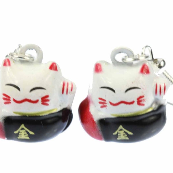 Cat Earrings Lucky Maneki-Neko Miniblings White Red Metal