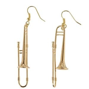 May include: A pair of gold-tone trombone earrings. Each earring features a miniature trombone with a slide and bell. The earrings are suspended from gold-tone hooks.