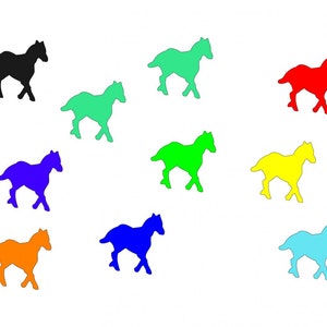 May include: Nine running horses in different colors: black, green, red, blue, lime green, yellow, orange, and light blue. The horses are all facing the right side of the image.