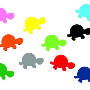 May include: Ten colorful turtle silhouettes in various colors, including pink, yellow, red, green, gray, black, blue, and light blue.