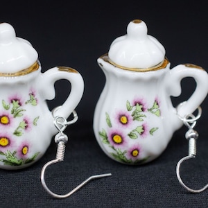 Pot Earrings Miniblings Teapot Can Coffee Porcelain Ceramic Flower Gold Rim