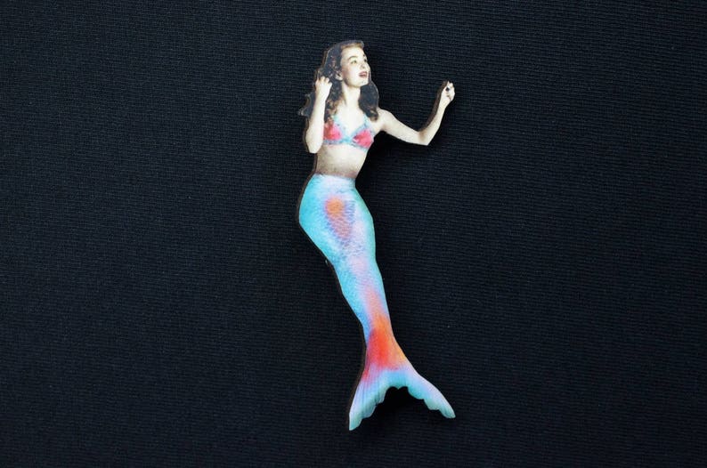 Mermaid Brooch Miniblings Wooden Nixie Wood Laser Cut LC 80mm Broach Atlantis