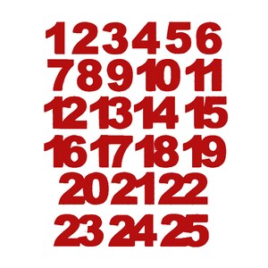Könnte beinhalten: Rote Zahlen von 1 bis 25, angeordnet in fünf Reihen mit jeweils fünf Zahlen.