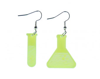 Test Tube And Retort Earrings Miniblings Laboratory Chemistry Neon Green