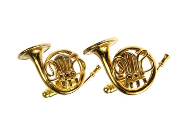 Horn French Cuff Links Cufflinks Miniblings Buttons + Box Gold Plated Musicians