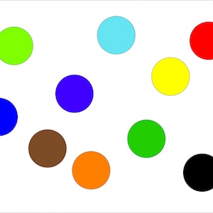 Peut inclure: Une collection de dix cercles colorés dans différentes nuances de bleu, vert, rouge, jaune, orange, marron, noir et violet. Les cercles sont disposés de manière aléatoire sur un fond blanc.
