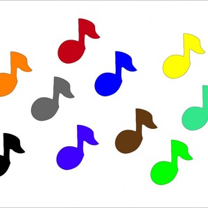 Puede incluir: Nueve notas musicales de diferentes colores: rojo, naranja, amarillo, verde, azul, morado, gris, marrón y negro. Las notas están dispuestas en un patrón aleatorio sobre un fondo blanco.