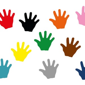 Könnte beinhalten: Neun Handabdrücke in verschiedenen Farben: Rot, Schwarz, Orange, Rosa, Grün, Braun, Gelb, Blau und Grau. Die Handabdrücke sind alle in die gleiche Richtung ausgerichtet und in einem Kreis angeordnet.