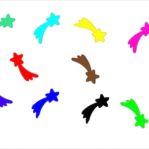 Peut inclure: Neuf étoiles filantes colorées avec des queues de différentes couleurs. Les étoiles sont dans différentes positions sur un fond blanc.