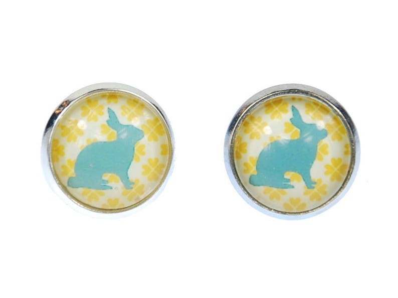 Rabbit Pattern Pattern Cabochon Earrings Ear Studs Earstuds Miniblings Rabbit Turquoise Yellow