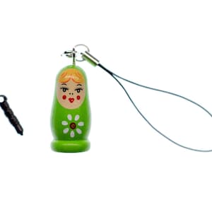 Matryoshka Babuschka Mobile Cell Phone Charm Pendantrussian Doll Wood Green