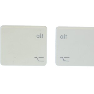 May include: Two white keyboard keys with the word "alt" printed on them. Each key has a symbol that looks like a backwards L.