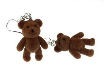 Teddy Bear Earrings Miniblings Girls Children Kids Velvety Flock Dark Brown