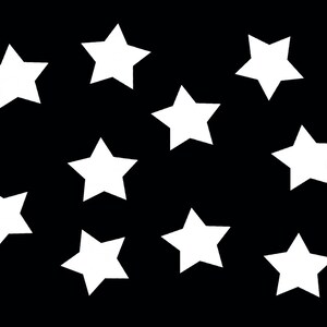 May include: A black background featuring ten solid white five-pointed stars arranged in a scattered pattern across the frame. Each star is identical in shape and size, creating a high-contrast graphic design with sharp edges and clear silhouettes.