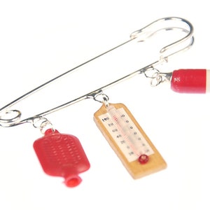 Set Of 3 Health Brooch Safety Pin Badge Button Get Well Soon! Medicine Waterbottle