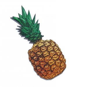 Könnte beinhalten: Eine handbemalte Holz-Ananas mit einem gelben und braunen Körper und grünen Blättern.