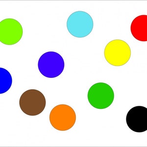 Peut inclure: Une image simple avec des cercles colorés espacés sur un fond blanc. Les cercles sont de différentes couleurs : vert, bleu, rouge, jaune, orange, marron et noir. Le design est épuré et graphique.