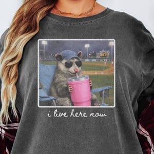 Può includere: T-shirt grigio scuro con una grafica di un opossum con occhiali da sole e berretto da baseball, che beve da un bicchiere rosa mentre è seduto su una sedia blu. L'immagine ha uno sfondo di campo da baseball e il testo "i live here now".