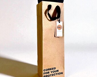 Funny Wine Gift Bag | “Corked For Your Protection” | Reusable Kraft Wine Bag with Tissue Included | Eco Friendly Hostess Gift