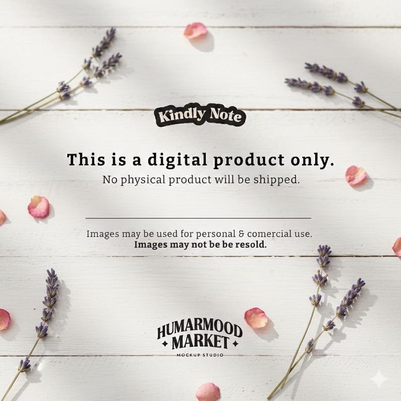 K&ouml;nnte beinhalten: Ein digitales Produkt-Mockup mit wei&szlig;em Holzgrund, Lavendelzweigen und rosa Bl&uuml;tenbl&auml;ttern. Der Text "Kindly Note" steht &uuml;ber dem Text "This is a digital product only."