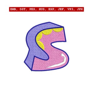 Op de afbeelding: Een geborduurde letter "S" in een bubble letter-stijl. De letter is voornamelijk roze met een blauwe omtrek en gele accenten. De tekst "EMB, DST, PES, HUS, EXP, JEF, VP3, JPX" staat bovenaan.