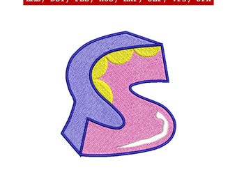 Diseño de bordado de la letra S, alfabeto, bordado a máquina, monograma de dibujos animados, parche inicial, descarga instantánea