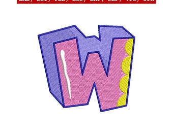 Diseño de bordado de la letra W, alfabeto, bordado a máquina, monograma de dibujos animados, parche inicial, descarga instantánea