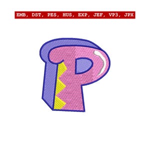 Puede incluir: Letra "P" bordada en rosa, azul y amarillo. La letra tiene un efecto 3D con un contorno azul y un diseño en zigzag amarillo. El texto "EMB, DST, PES, HUS, EXP, JEF, VP3, JPX" está en la parte superior.