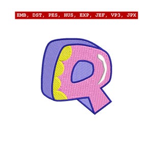 Op de afbeelding: Een roze geborduurde letter "Q" met een blauwe omtrek en een geel geschulpte rand. De tekst "EMB, DST, PES, HUS, EXP, JEF, VP3, JPX" staat bovenaan. De letter heeft een 3D-effect.