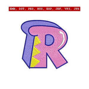 May include: Embroidered letter "R" in pink, blue, and yellow. The letter has a 3D effect with a white outline. The top of the image has the text "EMB, DST, PES, HUS, EXP, JEF, VP3, JPX".