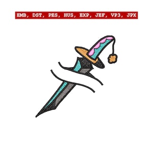May include: Embroidered dagger design with a black blade, teal accents, and a gold and pink handle. The design includes a small, round, orange tassel. The text "EMB, DST, PES, HUS, EXP, JEF, VP3, JPX" is at the top.