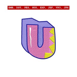 May include: Embroidered letter "U" in pink, blue, and yellow. The letter has a 3D effect with a pink interior, blue outline, and yellow zigzag design. The text "EMB, DST, PES, HUS, EXP, JEF, VP3, JPX" is at the top.