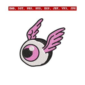以下が含まれることがあります： ピンクの翼を持つ漫画の目の刺繍パッチ。目は白い虹彩、ピンクの瞳孔、黒いアウトラインを持っています。翼も黒いアウトラインのピンクです。「EMB、DST、PES、HUS、EXP、JEF、VP3、JPX」というテキストが上部にあります。