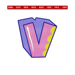 May include: A 3D letter 'V' design with a pink interior, blue outline, and a white, curved accent. Yellow semi-circles are on the right. The text 'EMB, DST, PES, HUS, EXP, JEF, VP3, JPX' is at the top of the image.