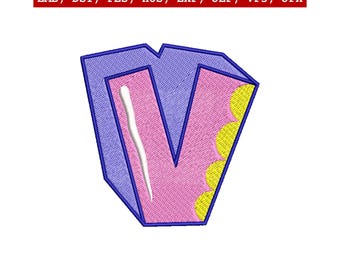 Diseño de bordado de la letra V, alfabeto, bordado a máquina, monograma de dibujos animados, parche inicial, descarga instantánea