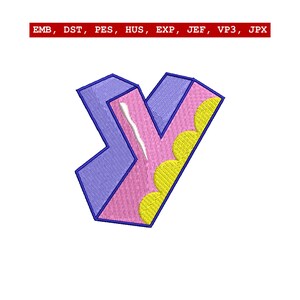 May include: An embroidered design featuring a stylized letter "Y" in pink and blue, with yellow scalloped accents. The design includes the text "EMB, DST, PES, HUS, EXP, JEF, VP3, JPX" at the top. This design is likely for embroidery.
